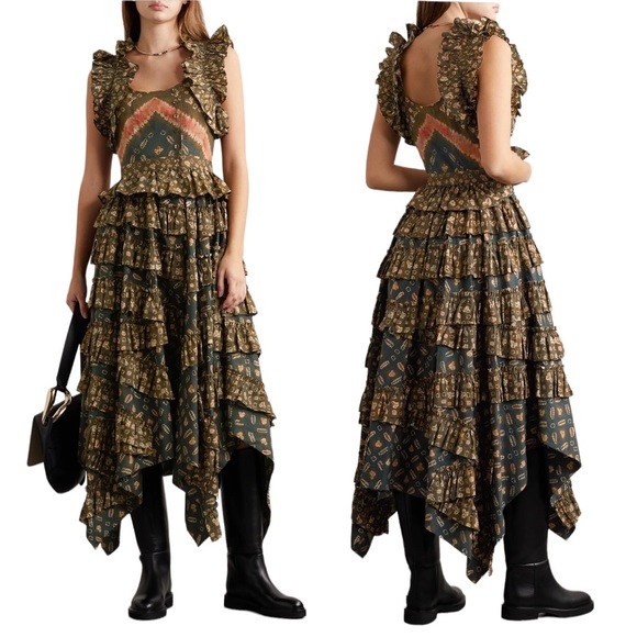 Ulla Johnson Dresses & Skirts - ULLA JOHNSON Nia asymmetric ruffled printed cotton poplin midi dress 8 NWT